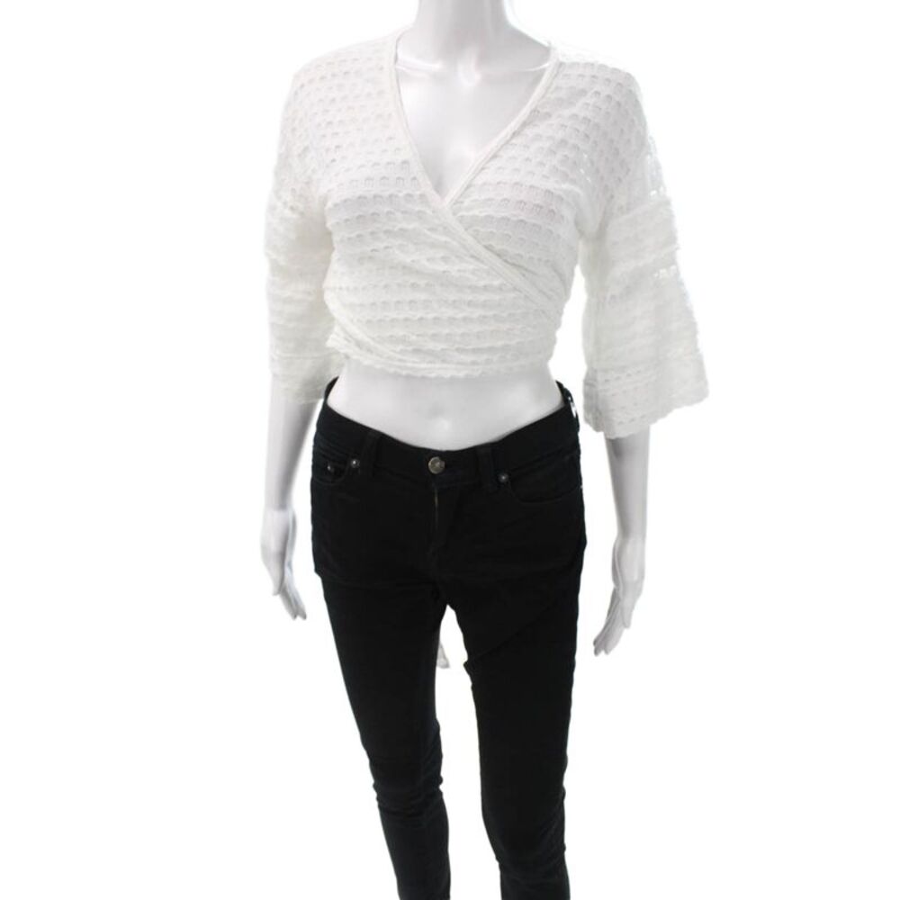FP Beach Womens White V Neck Cropped Blouse 3/4 Sleeve Size XS